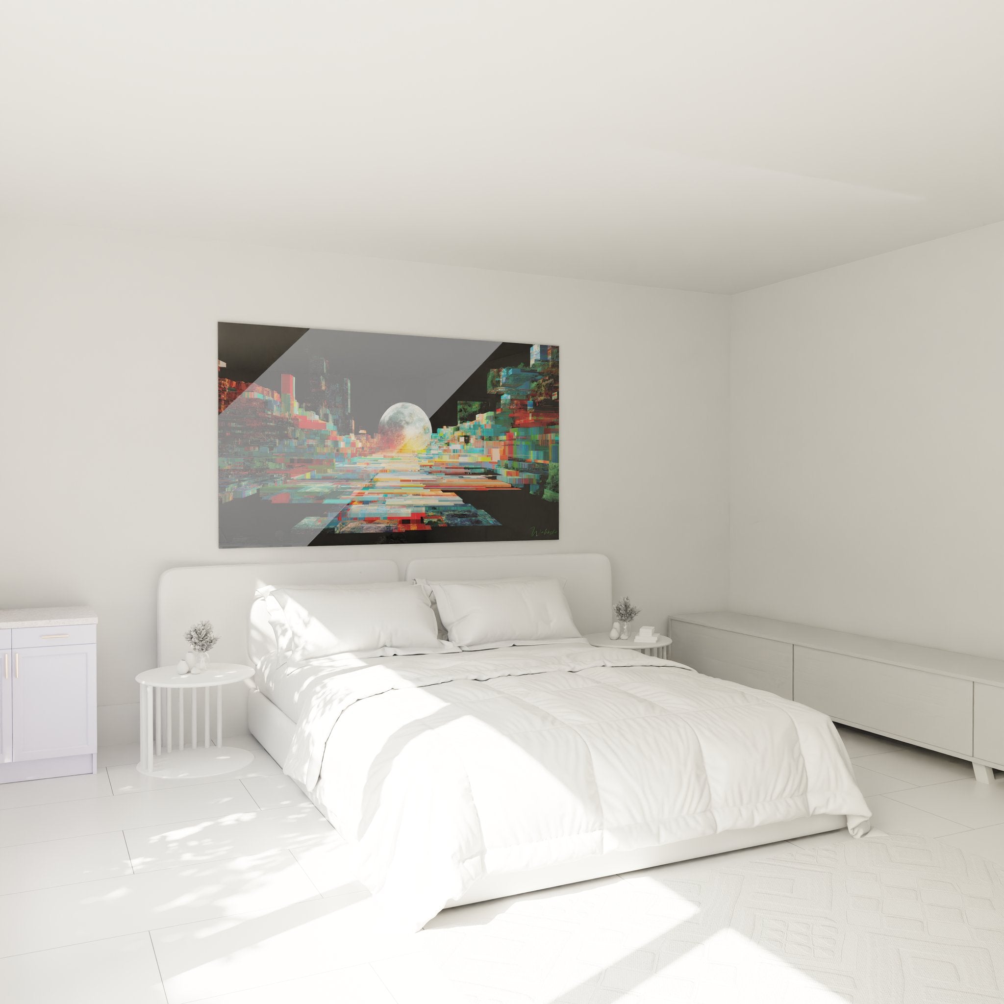 Tableau lune pixelisée décorant une chambre moderne avec ambiance futuriste contemporaine