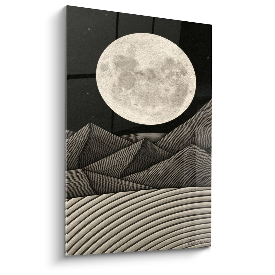 Tableau Montagnes ivoire et noires aux lignes striées - Ciel étoilé nocturne - Edition Lune