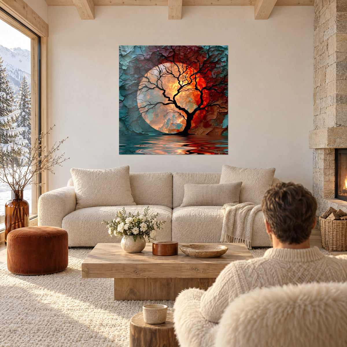 Cuadro árbol negro desnudo frente a una luna llena ocre y coral, pareja de espaldas, encima de un sofá en un salón luminoso