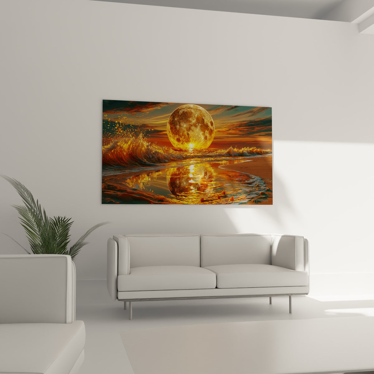 Sphère lunaire incandescente et océan terracotta au-dessus d'un canapé dans un salon lumineux