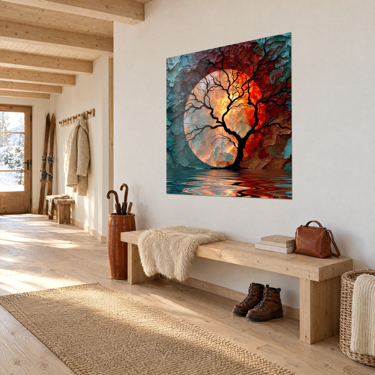 Cuadro silueta de árbol sin hojas sobre una luna dorada, fondo turquesa y burdeos, vista de tres cuartos en un recibidor de madera