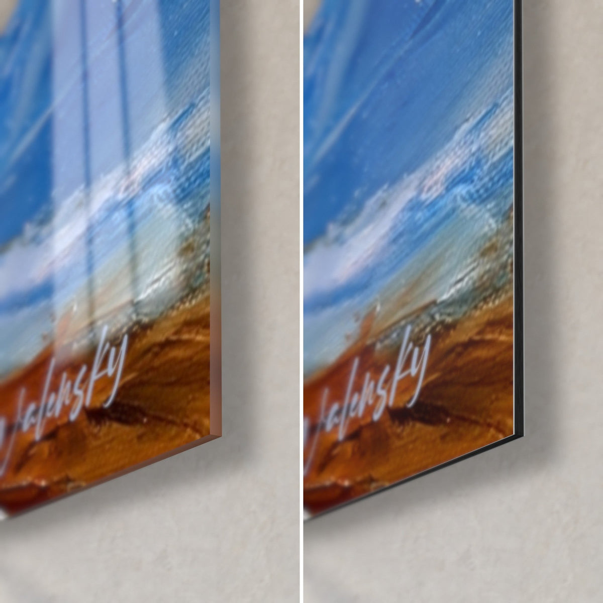 Obraz astronauty tyłem, prawy dolny róg: błyszczące szkło akrylowe po lewej, matowe aluminium Dibond po prawej, brązowa podłoga, niebieski i krawędź 3 mm