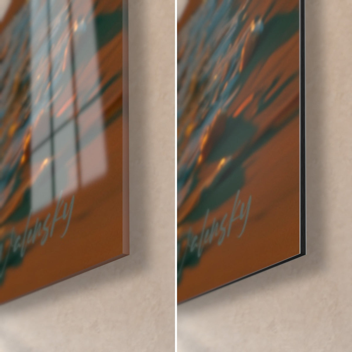 Gemälde eines Mondgestirns und goldenen Gischts, untere rechte Ecke: glänzendes Acrylglas links, matt gebürstetes Dibond und Kante rechts