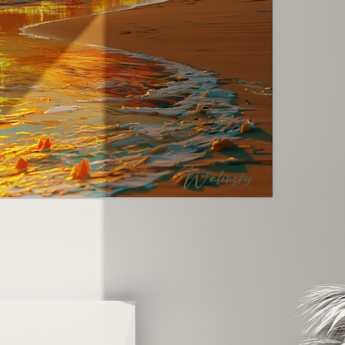 Grain de l'impression révélant les textures cratérisées dorées et les éclats d'écume orangée