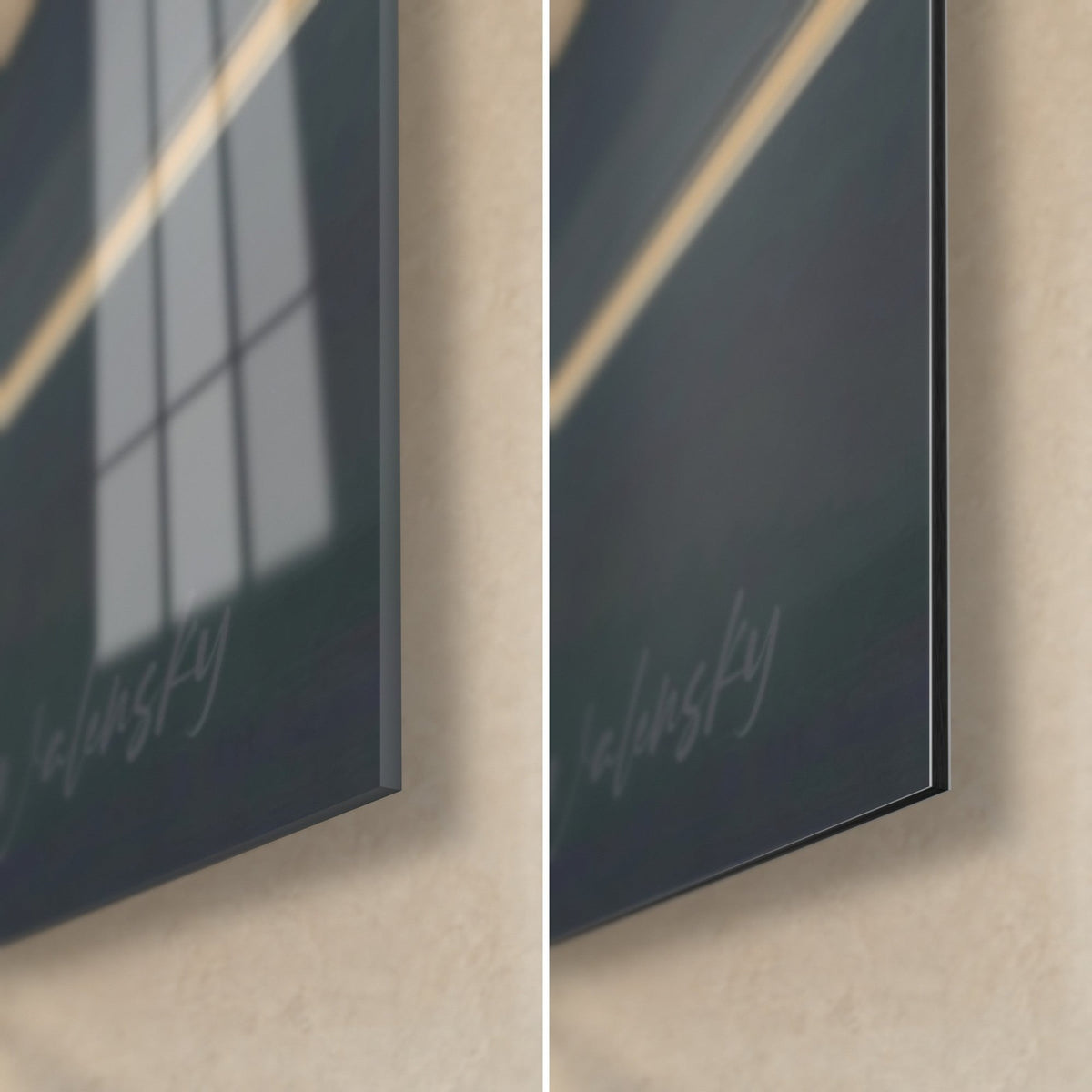Wall art with an ivory satellite and charcoal sky, bottom right corner, glossy acrylic glass on the left, matte brushed Dibond aluminium on the right, 3 mm edge