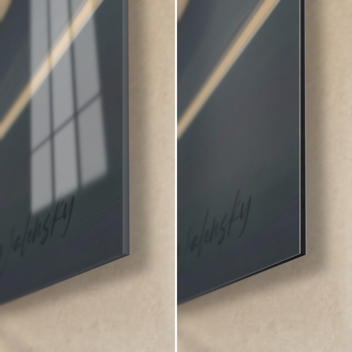 Wall art with an ivory and anthracite moon, bottom right corner: glossy acrylic glass with reflections on the left, matte Dibond aluminium on the right, 3 mm edge