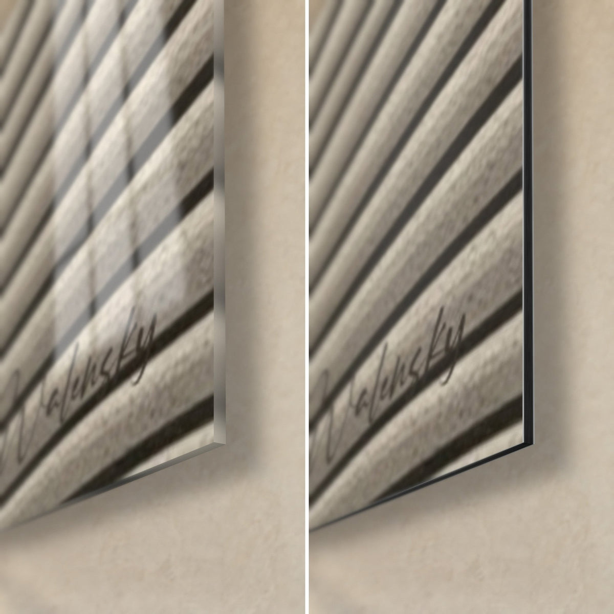 Wall art with an ivory moon and grey stripes, bottom right corner, glossy acrylic glass on the left, matte black Dibond on the right, 3 mm edge