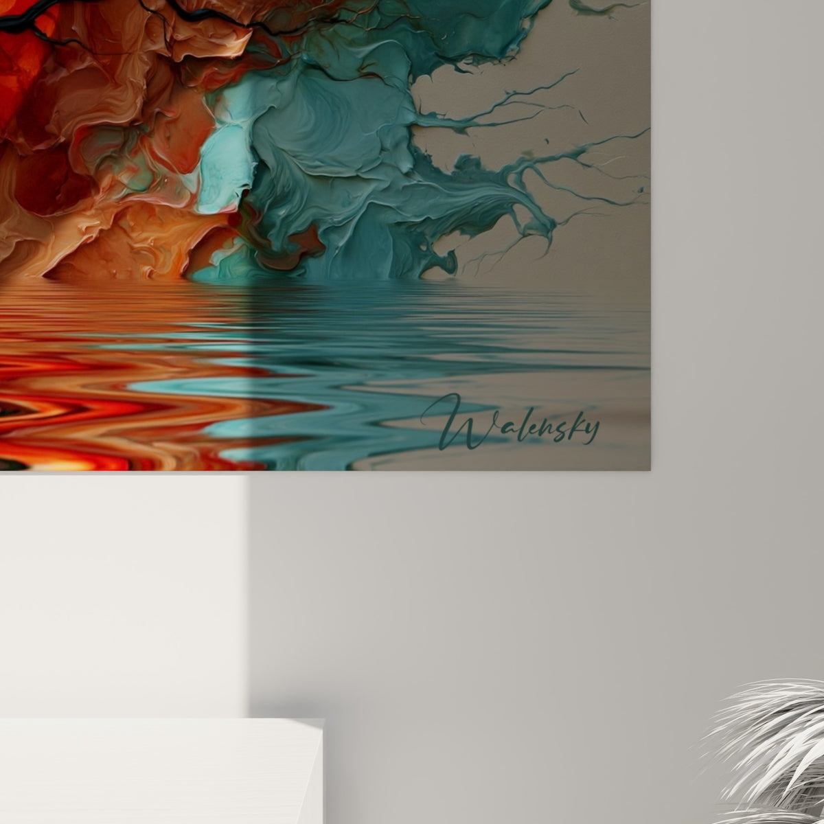 Matière picturale épaisse mêlant turquoise et rouge sombre autour d'un tronc noir, coulures et empâtements visibles de près