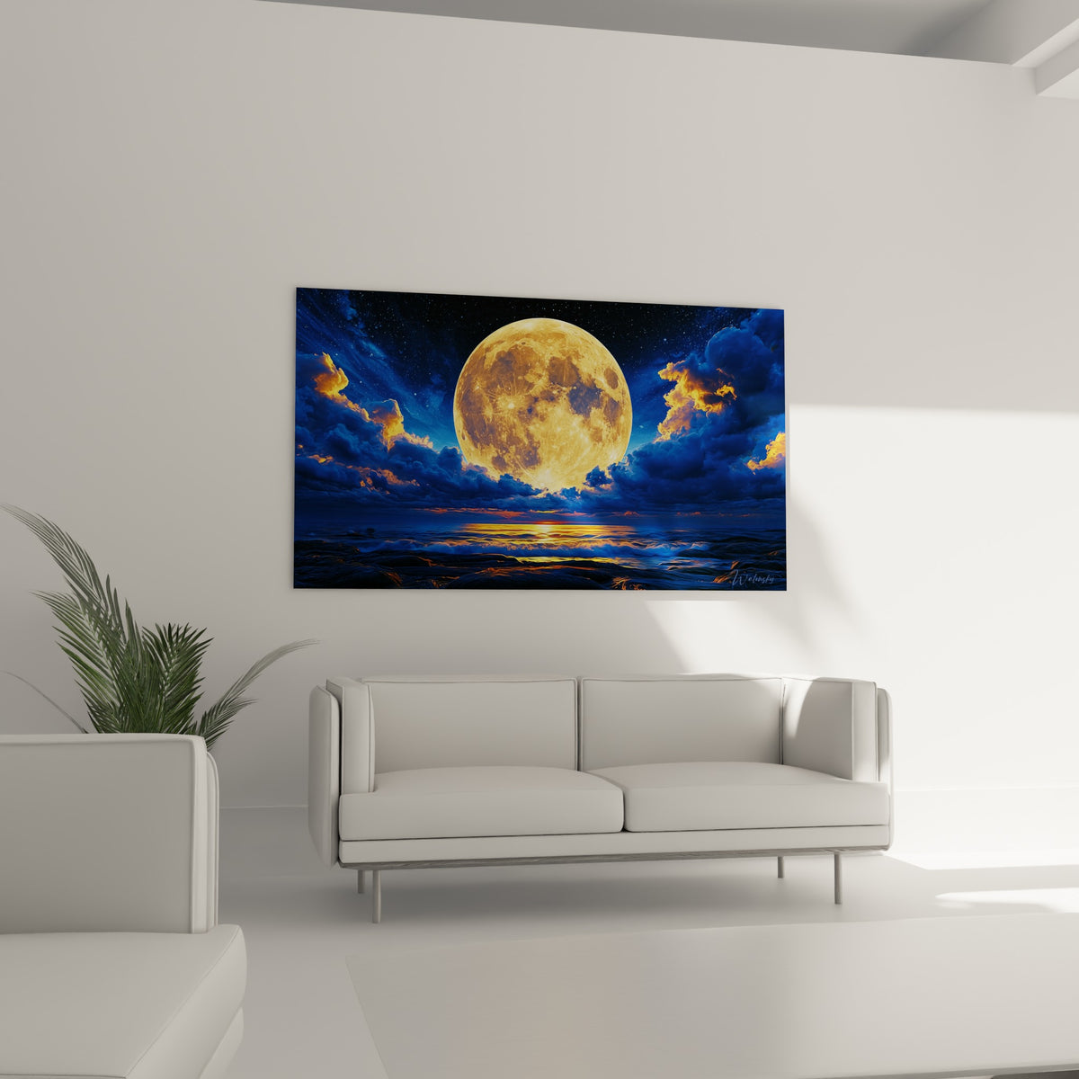 Vagues incandescentes et lune dorée aux nuances ocre installées au-dessus d'un canapé dans un salon lumineux