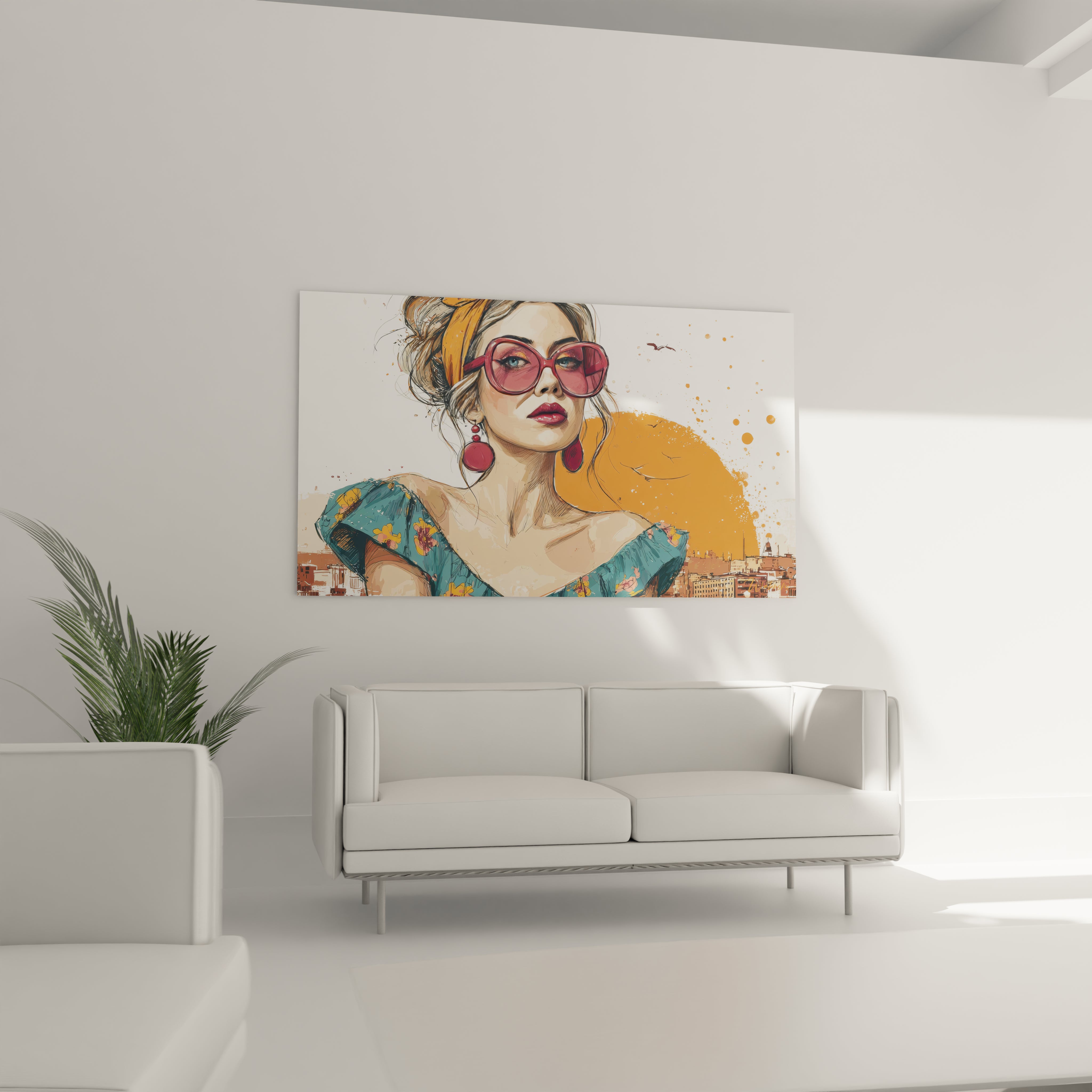 Tableau lunettes bordeaux années 70 représentant une femme stylisée avec un fond coloré
