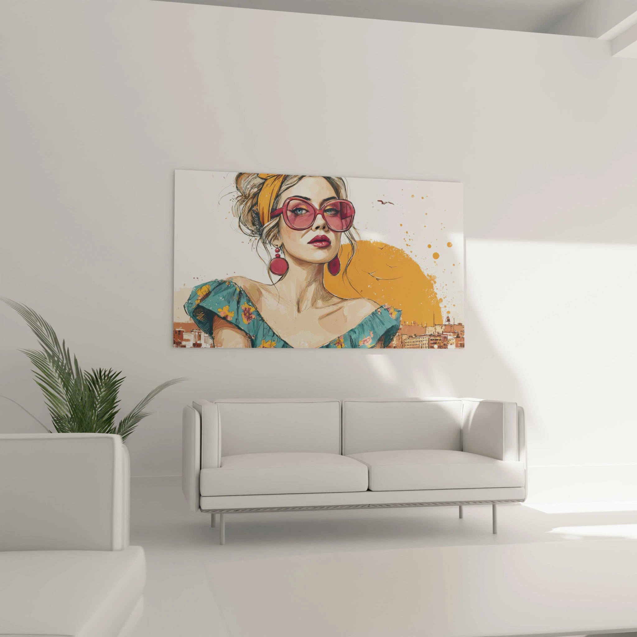 Tableau lunettes bordeaux années 70 représentant une femme stylisée avec un fond coloré