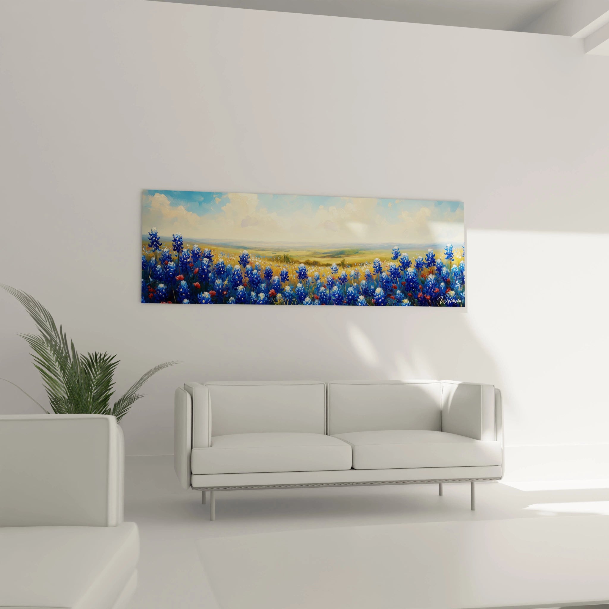 Un tableau campagne illustrant une prairie fleurie de lupins bleus et quelques coquelicots rouges se détachant contre de vastes champs dorés. La composition horizontale met en valeur l'immensité du paysage agricole baigné dans une lumière chaude, sous un ciel nuageux aux teintes pastel.
