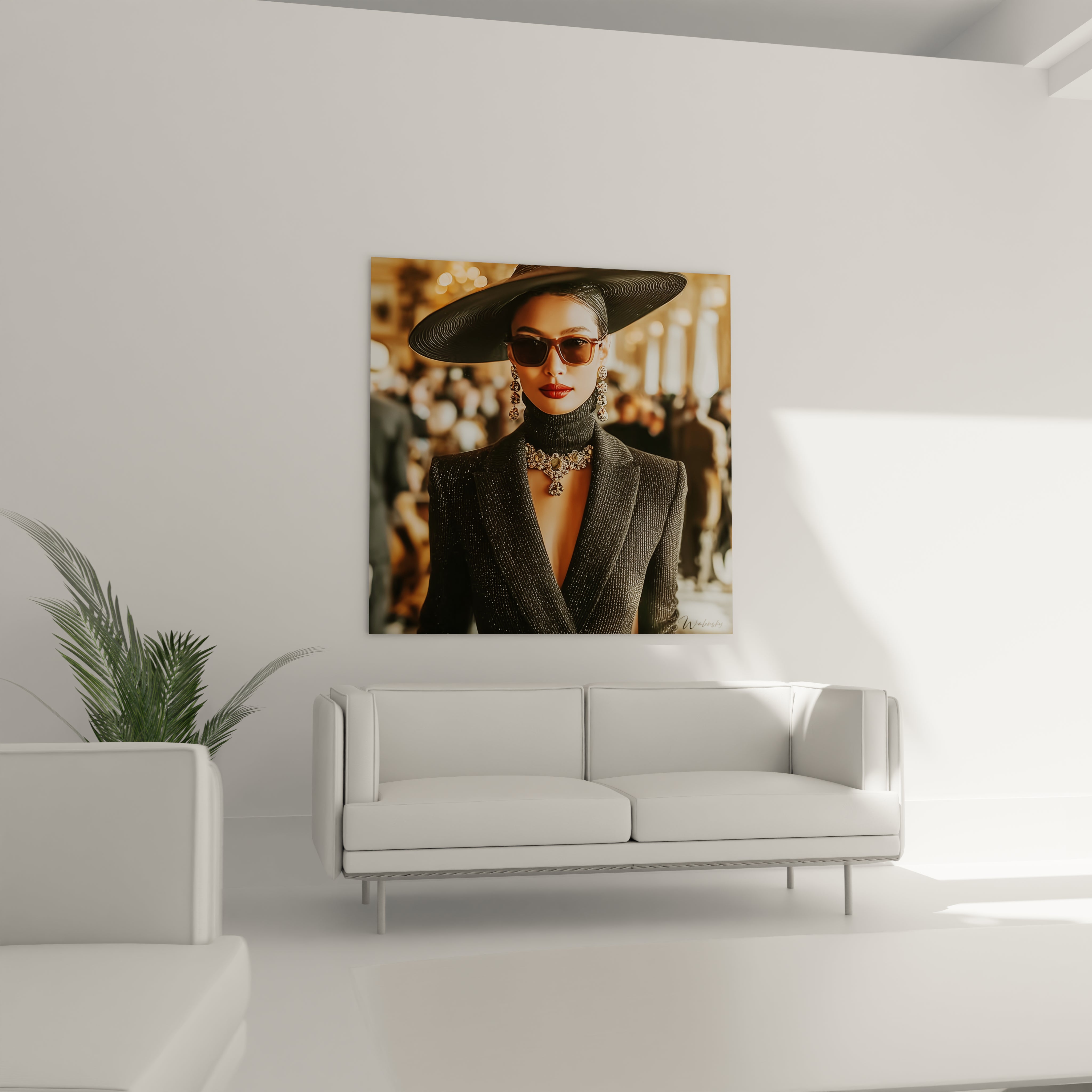 Tableau luxe féminin de Walensky affichant une femme élégante avec un chapeau et des lunettes de soleil