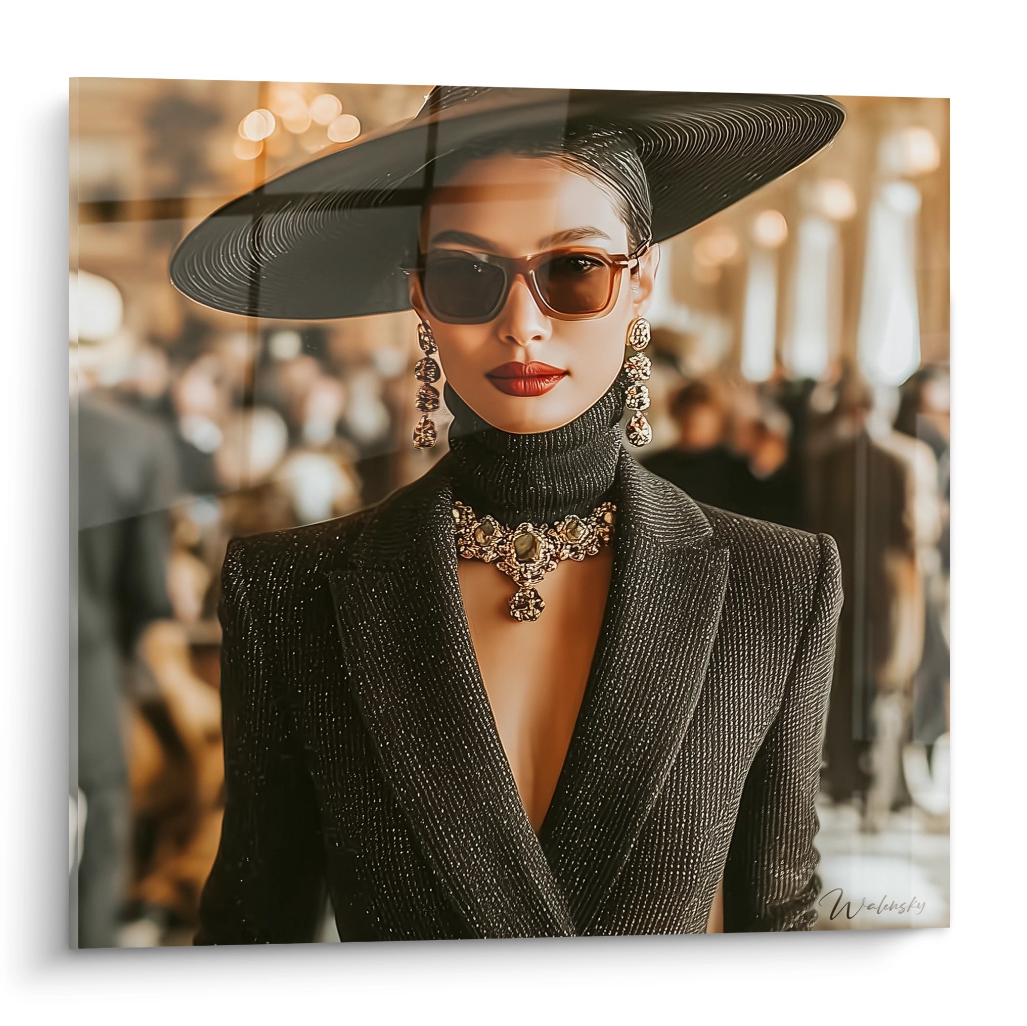 Tableau luxe féminin représentant une femme élégante avec un chapeau large et des lunettes de soleil