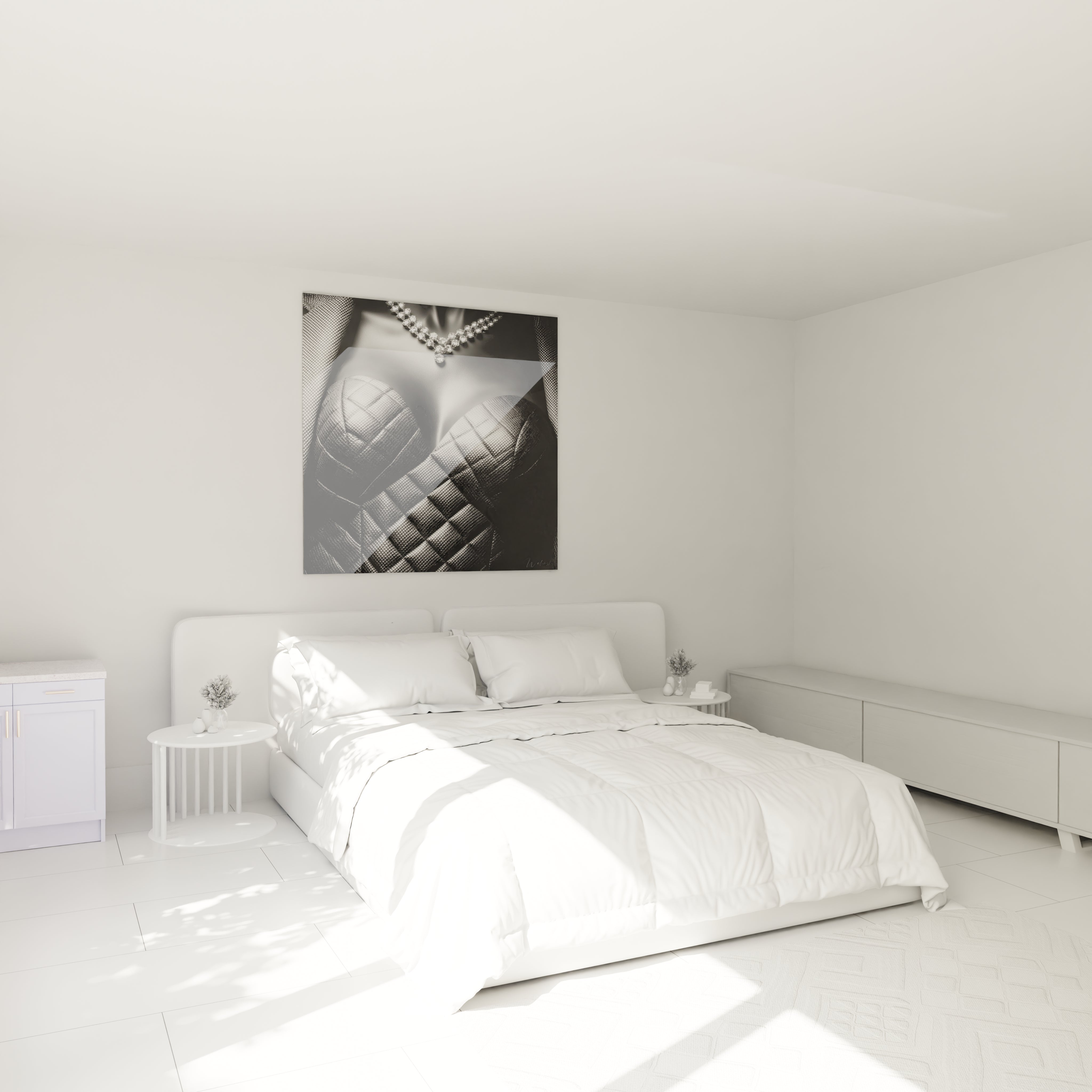 Tableau luxe noir et blanc de style moderne accroché au mur dans une chambre minimaliste