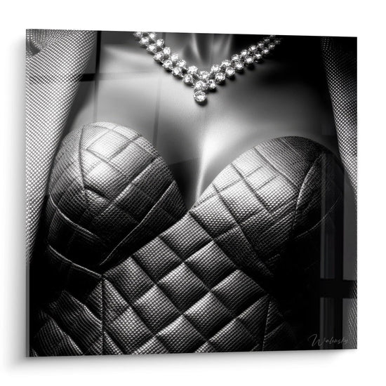 Tableau luxe noir et blanc représentant un corsage élégant avec un collier de diamants