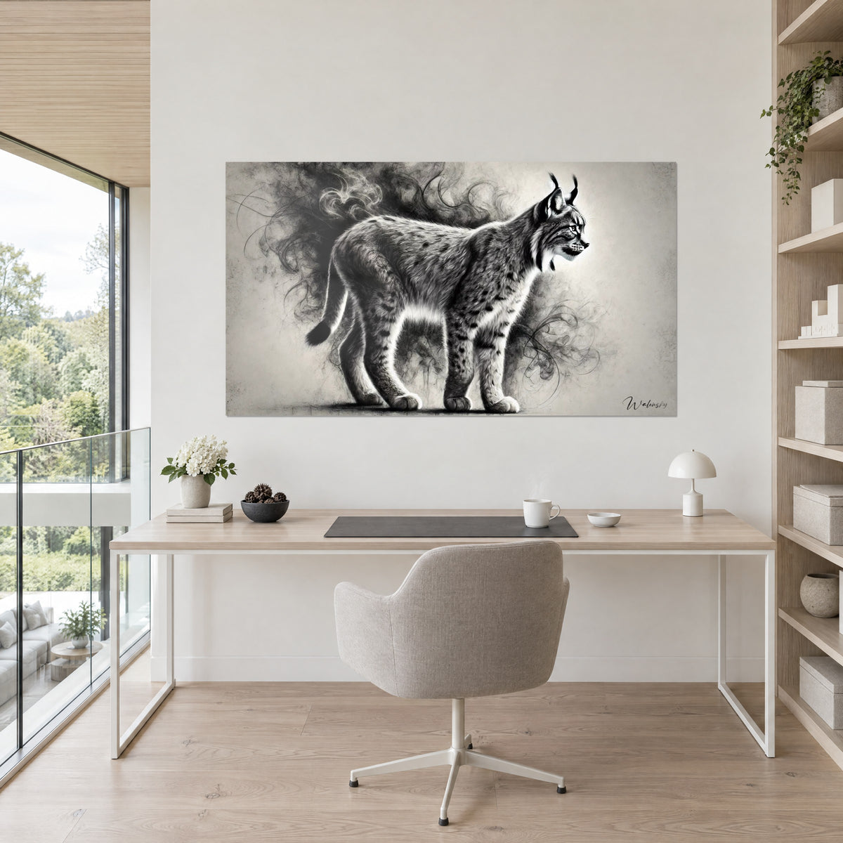 Wall art lynx drawn in charcoal, black and off-white spotted coat, dark smoke wisps, hung above a white desk