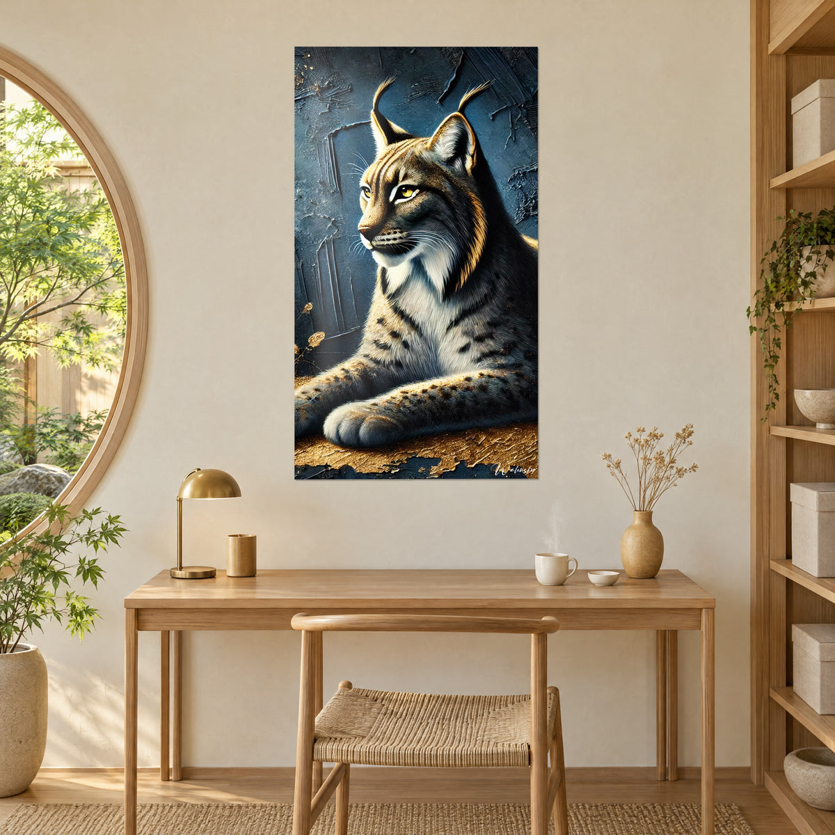 Quadro gatto selvatico dei boschi con le zampe incrociate, pelliccia color crema e grigia, sfondo blu notte testurizzato, scrivania in legno chiaro vicino a una finestra rotonda