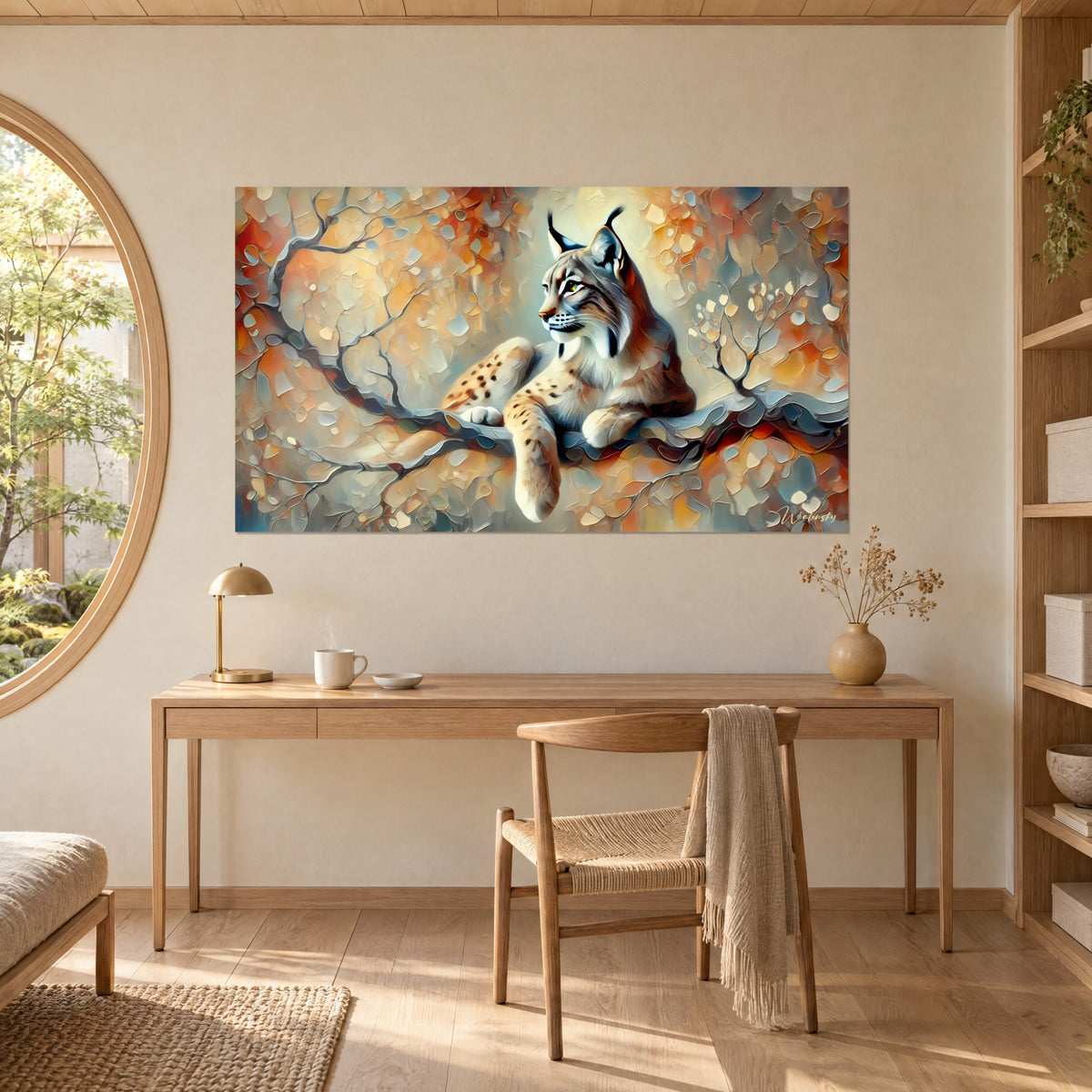 Schilderij lynx in profiel met witte wangen, kronkelende azuurblauwe tak en amberkleurige bladeren, opgehangen boven een bureau van licht hout