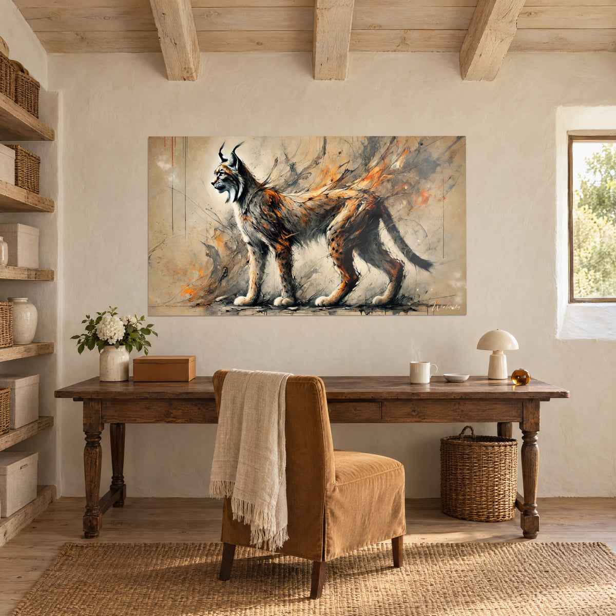 Wall art reddish lynx with black ink splatters on a sand background, hung above a wooden desk