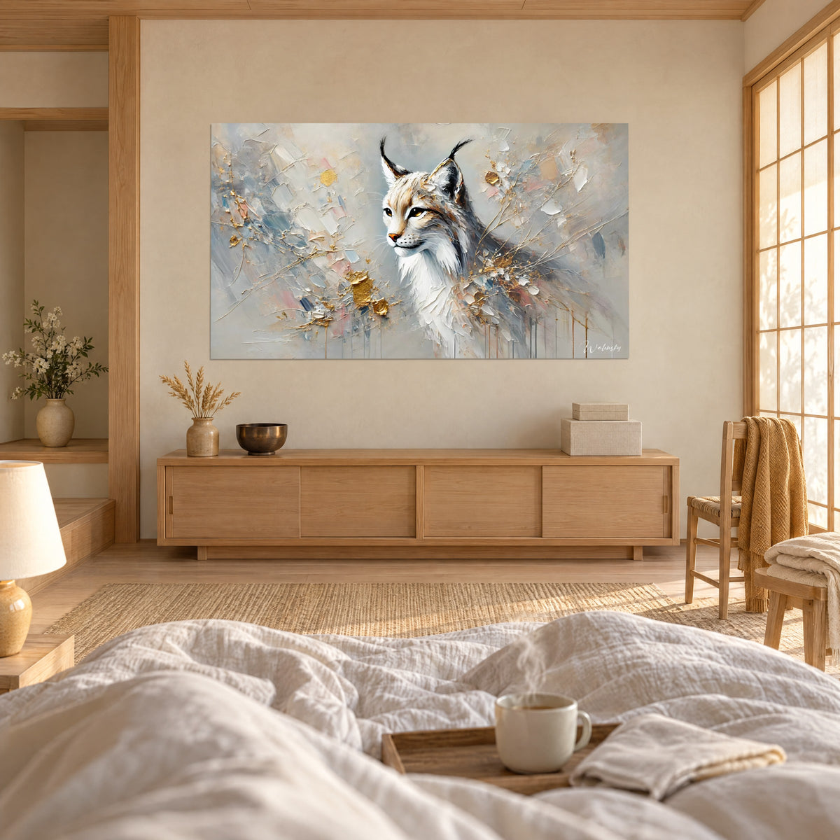 Quadro ritratto di lince bianca, grigia e oro con punte nere alle orecchie, sfondo pastello, appeso sopra un letto in una camera luminosa