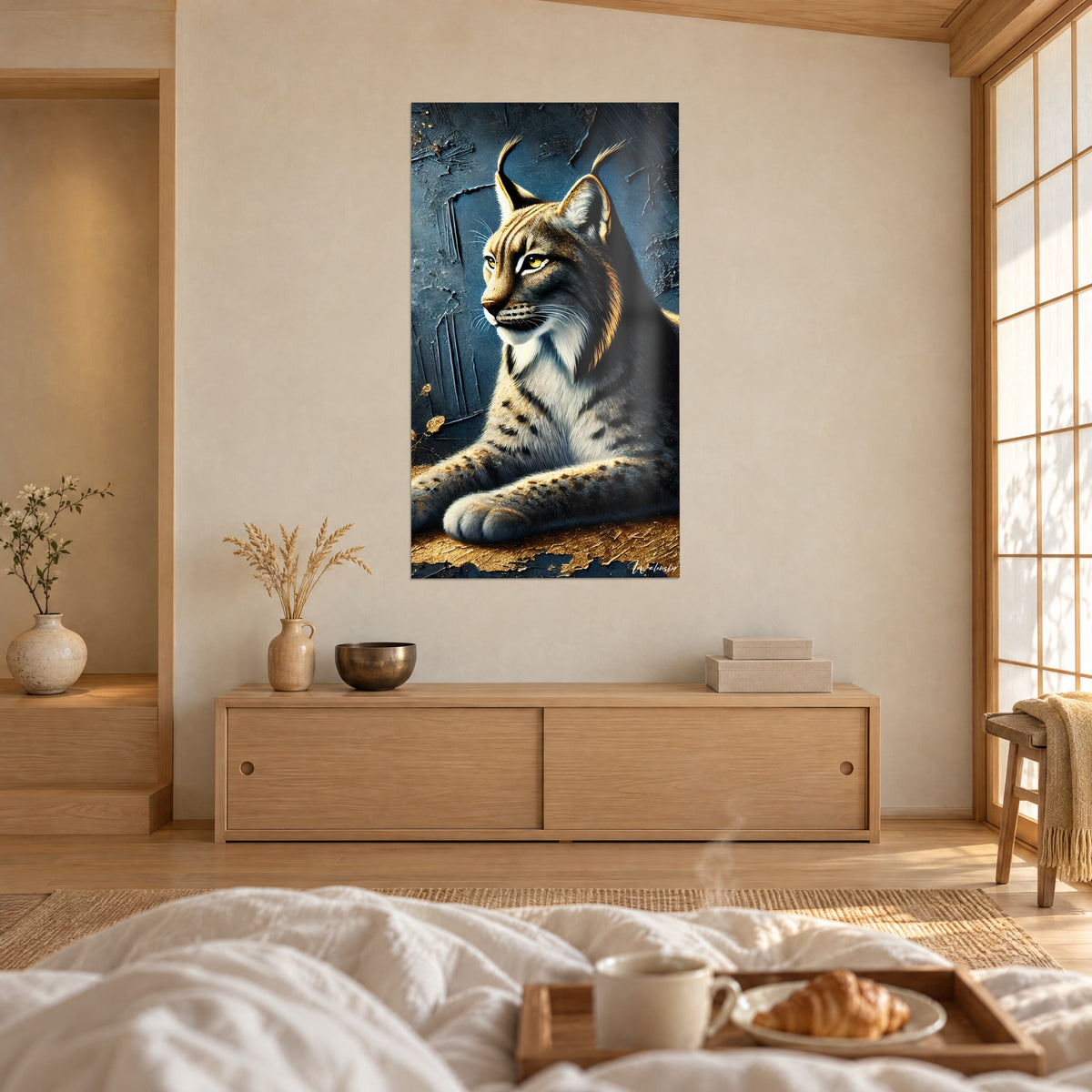 Quadro lince boreale dallo sguardo ambrato, pelliccia avorio e grigia, rilievo dorato su blu profondo, sopra un letto in una camera luminosa