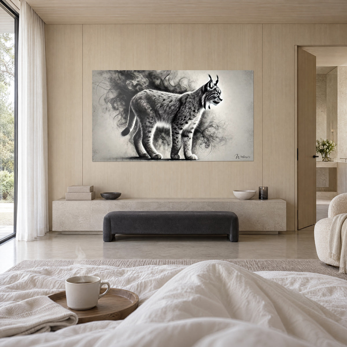 Wall art grey and black wild cat with dark spots, gaze turned right, sooty smoke, above a bed in a light bedroom