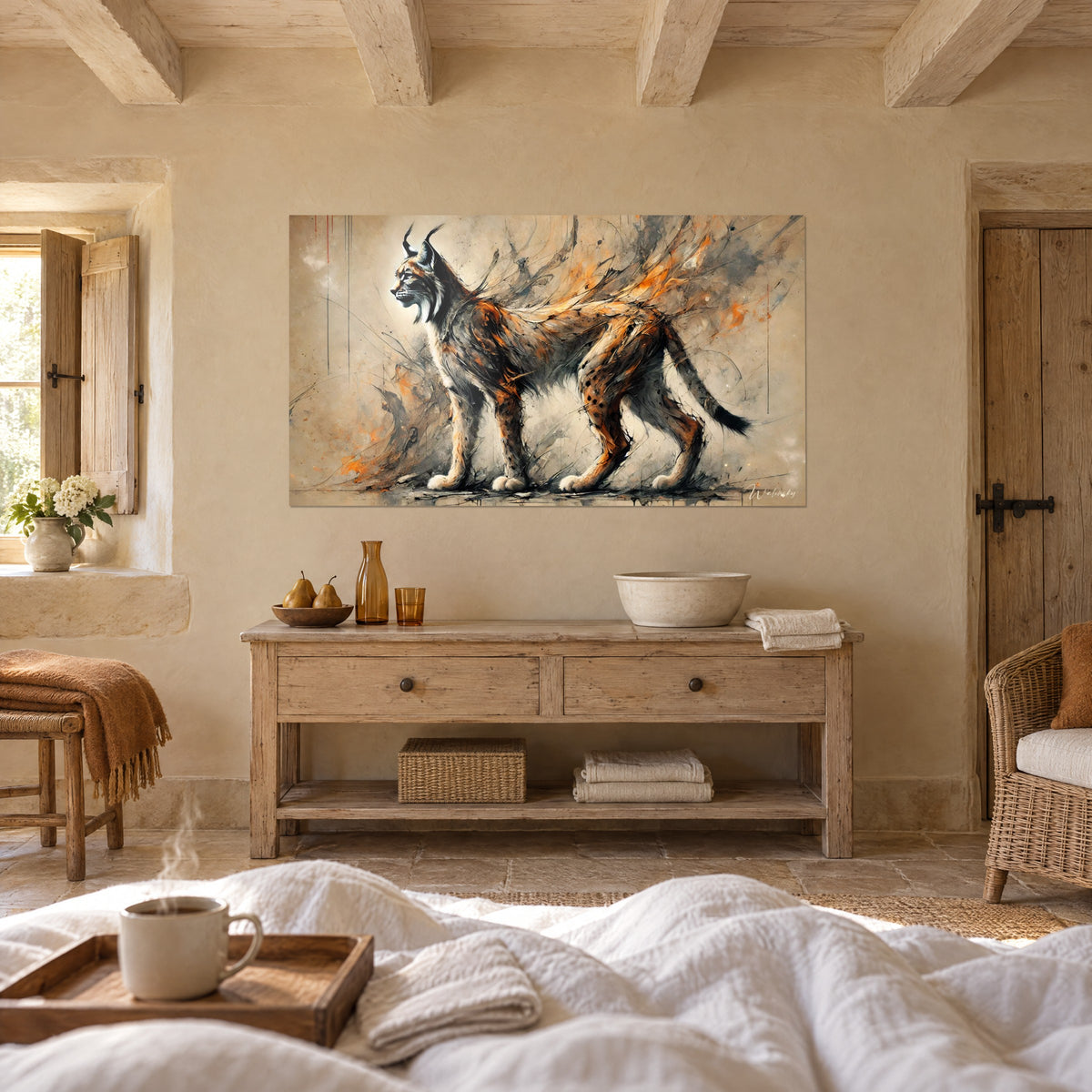 Wall art wild cat with rusty and charcoal spots, bold ink strokes on a cream background, above a bed in a bright bedroom