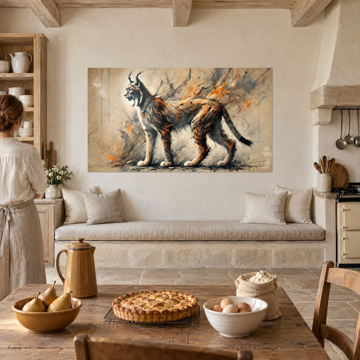 Wall art boreal lynx with blazing fur, burnt orange and ash grey, hung above a kitchen banquette
