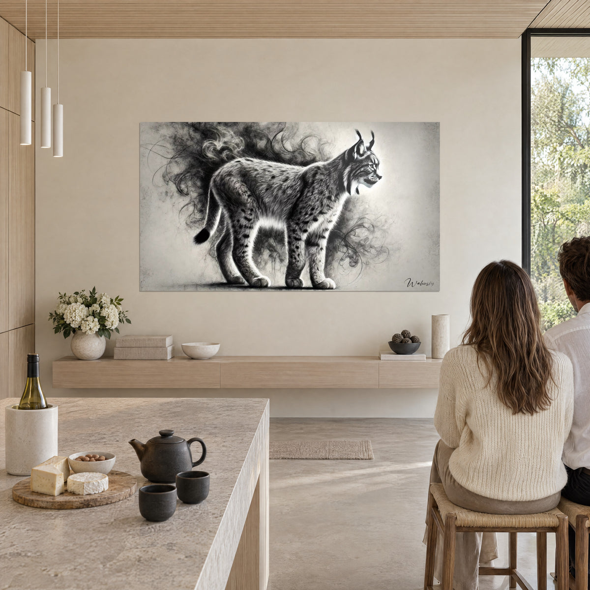 Wall art portrait of a Eurasian lynx, fluffy pearl-grey fur, broad paws and black strokes, in a bright open-plan kitchen