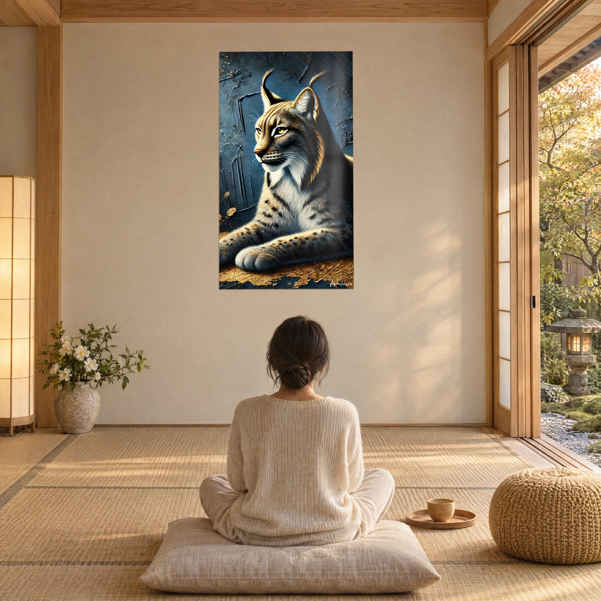 Quadro lince altera rivolta a sinistra, occhi giallo vivo, pelliccia grigia impreziosita d'oro su blu, donna seduta di spalle su un cuscino