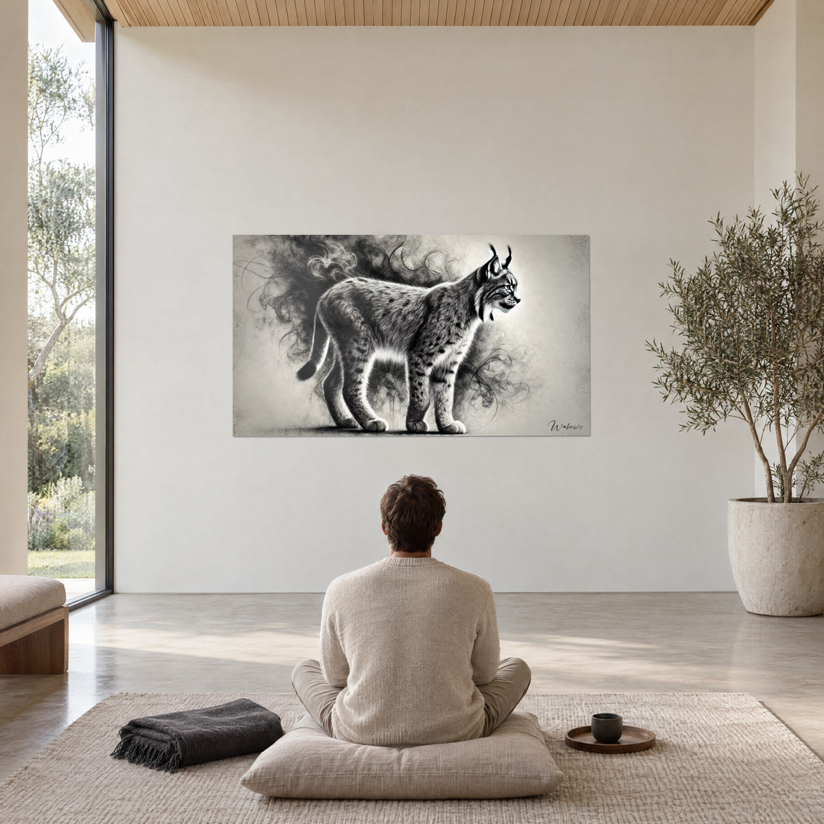 Wall art silent wild cat with brush-tipped ears, silvery grey and deep black, facing a person meditating in a minimalist living room