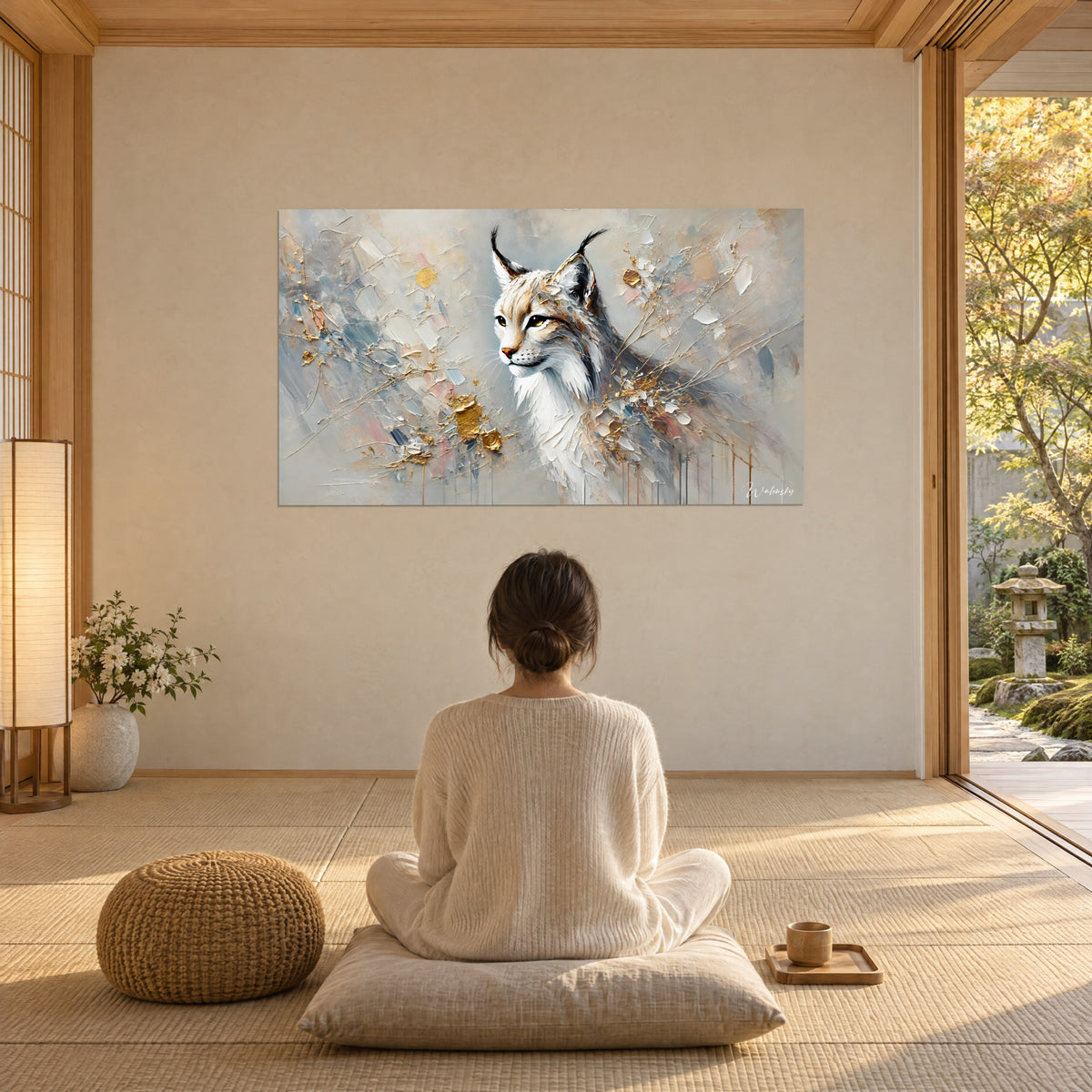 Quadro di grande felino con tocchi azzurro pallido, ocra e bianco, rami dorati sottili, ammirato da una donna di spalle su un cuscino, sala zen