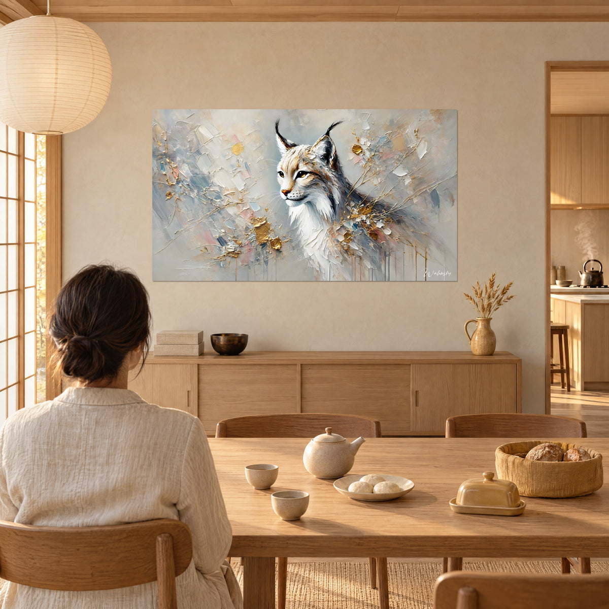 Quadro di gatto selvatico di profilo, muso rosato, gorgiera immacolata, colature dorate, di fronte a una donna di spalle seduta al suo tavolo di legno