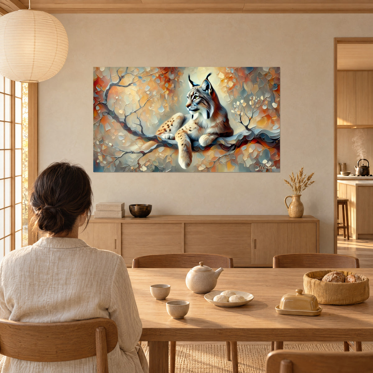 Schilderij grote wilde kat met roze neus, poten over de tak bungelend, vale vlekken en blauwgrijze tinten, van achteren bekeken bij een eettafel