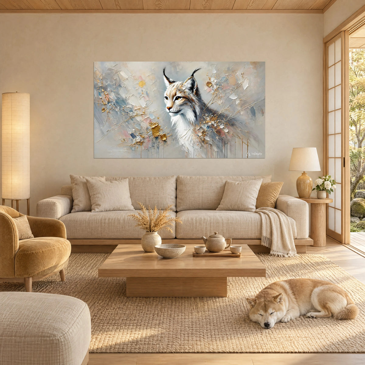 Quadro di lince con ciuffi neri alle orecchie, pelo bianco e oro, texture spessa, uno Shiba sdraiato sotto, sopra un divano in un soggiorno luminoso