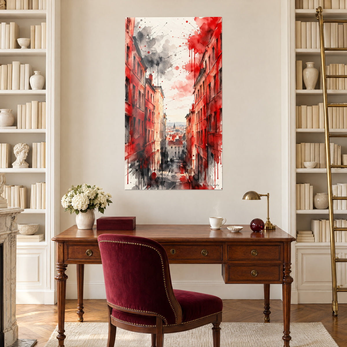 Schilderij oude stad van Lyon besprenkeld met rood en zwart, grijze vlekken in de lucht, tussen twee boekenkasten in een kantoor gehangen