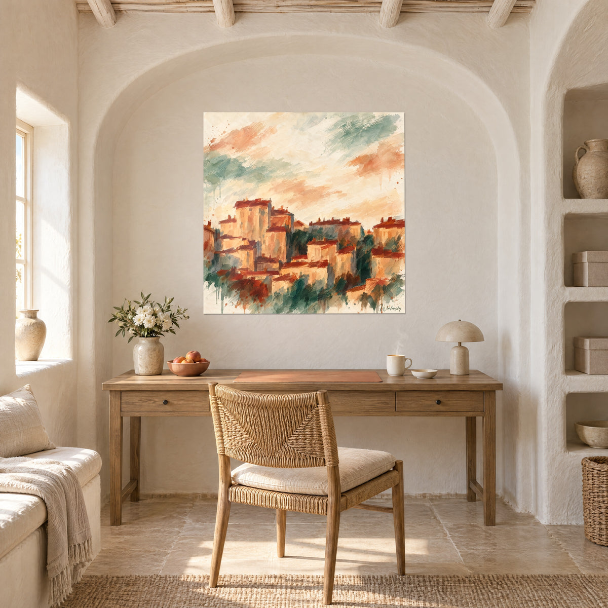 Quadro tetti di tegole rosso mattone e cipressi verde intenso, acquerello ocra, sopra una scrivania in legno chiaro