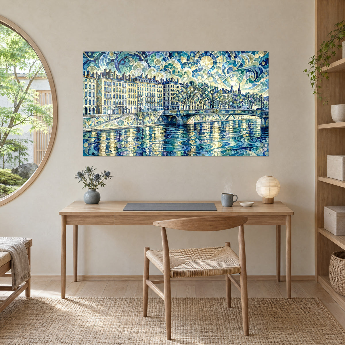 Cuadro de un puente de arco sobre agua ondulada azul y crema, pared beige encima de un escritorio de madera clara, con planta y lámpara