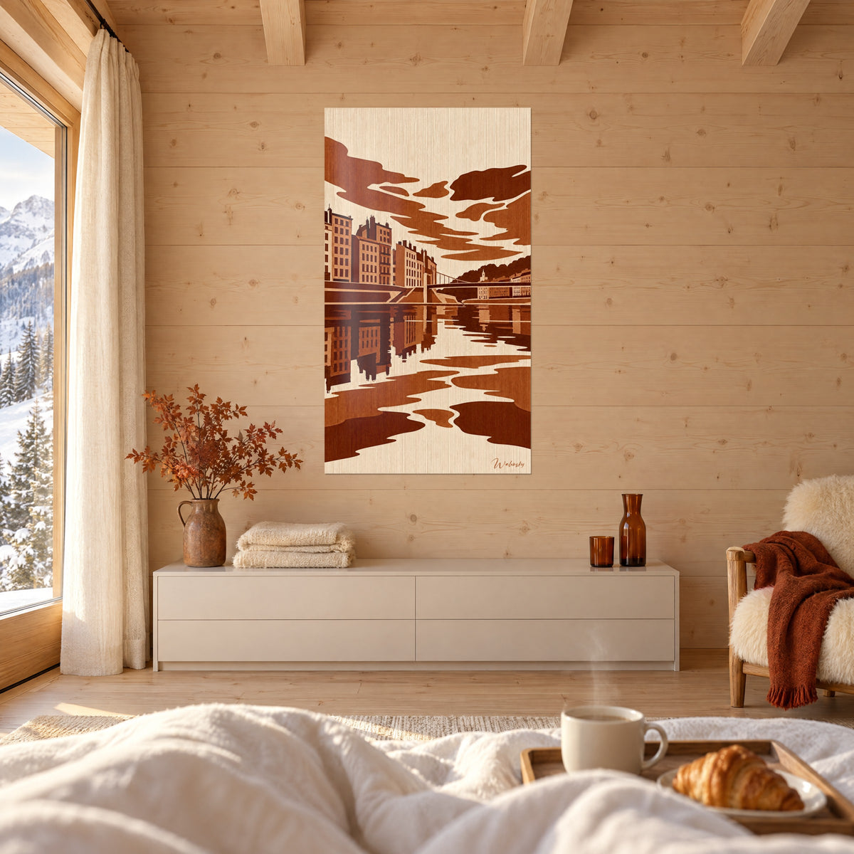 Gemälde städtisches Flussufer mit welligen Spiegelungen, Brauntöne und Elfenbein, große geschwungene Wolkenformen, über einem Bett in einem hellen Schlafzimmer