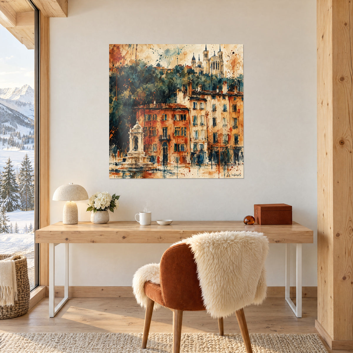 Obraz dawnego Lyonu w akwareli, białe wieże bazyliki, pomarańczowe mury, niebieskie refleksy na nabrzeżach, nad drewnianym biurkiem