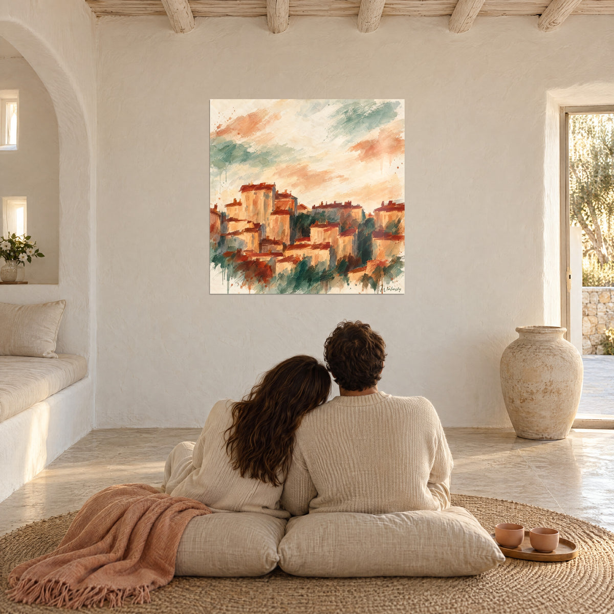 Quadro villaggio di pietra dorata sotto nuvole pesca e salvia, coppia abbracciata su cuscini color crema, di fronte al muro bianco