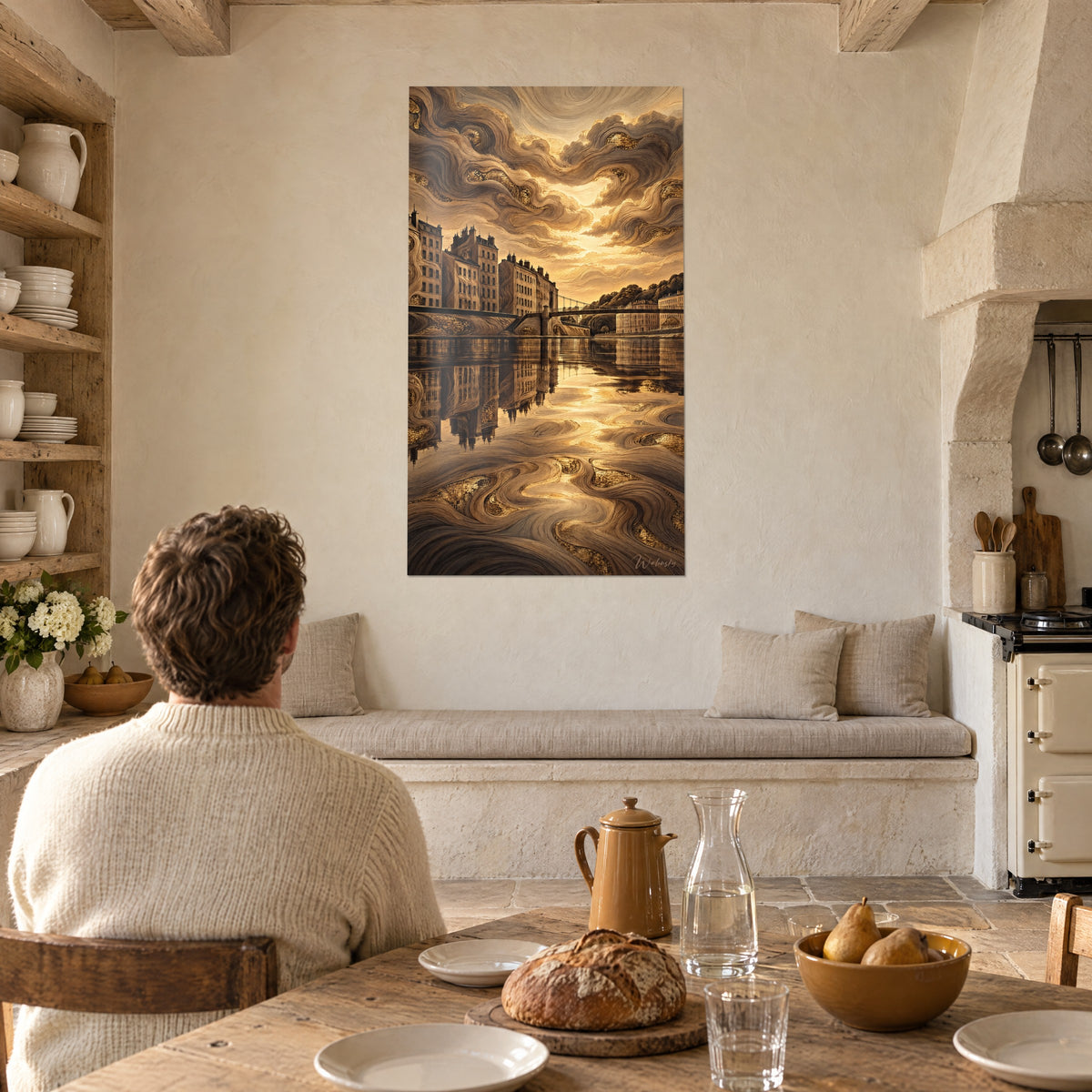 Quadro crepuscolo sulla Saona, nuvole a spirale ambra e bistro, edifici riflessi, in una cucina di campagna