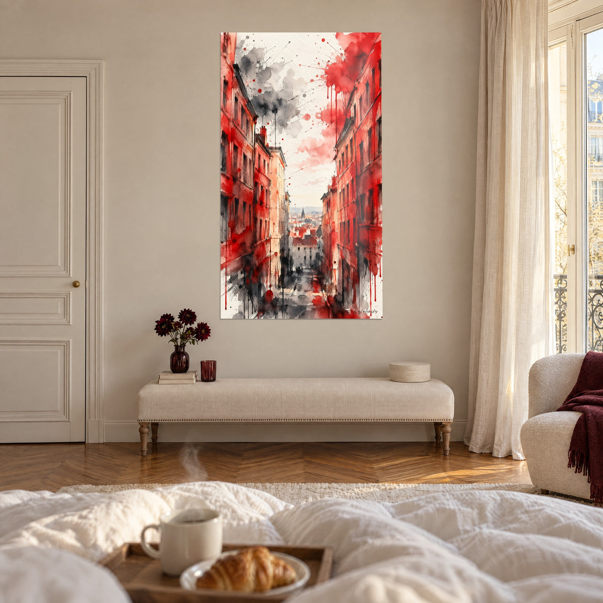 Schilderij perspectief van vermiljoenkleurige gevels en antracietkleurige rook, rode daken in de verte, ontbijtblad, boven een bed in een lichte slaapkamer