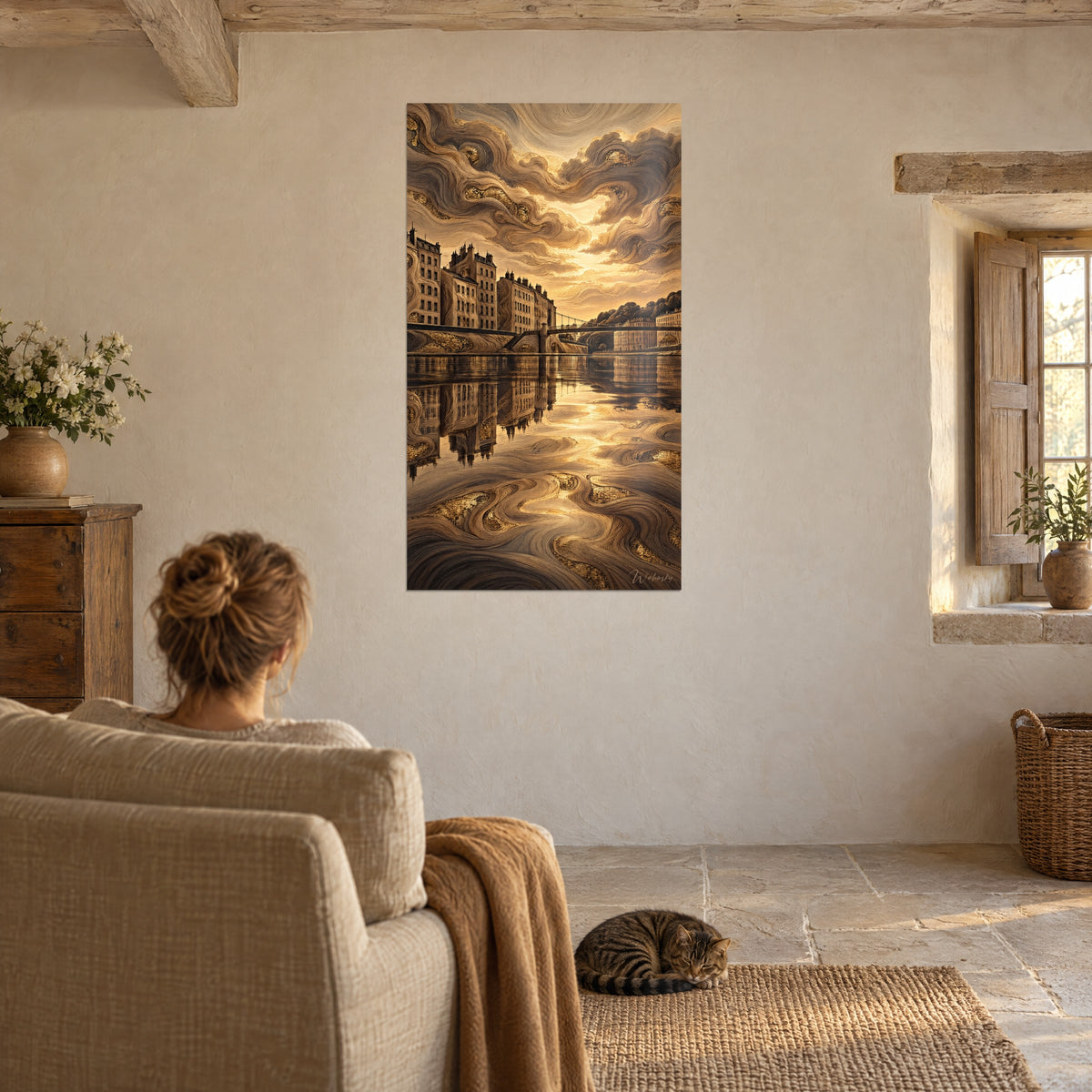 Quadro cielo di tempesta ramato su una banchina a specchio, ondulazioni di bronzo e avorio, davanti a una poltrona e a un gatto tigrato