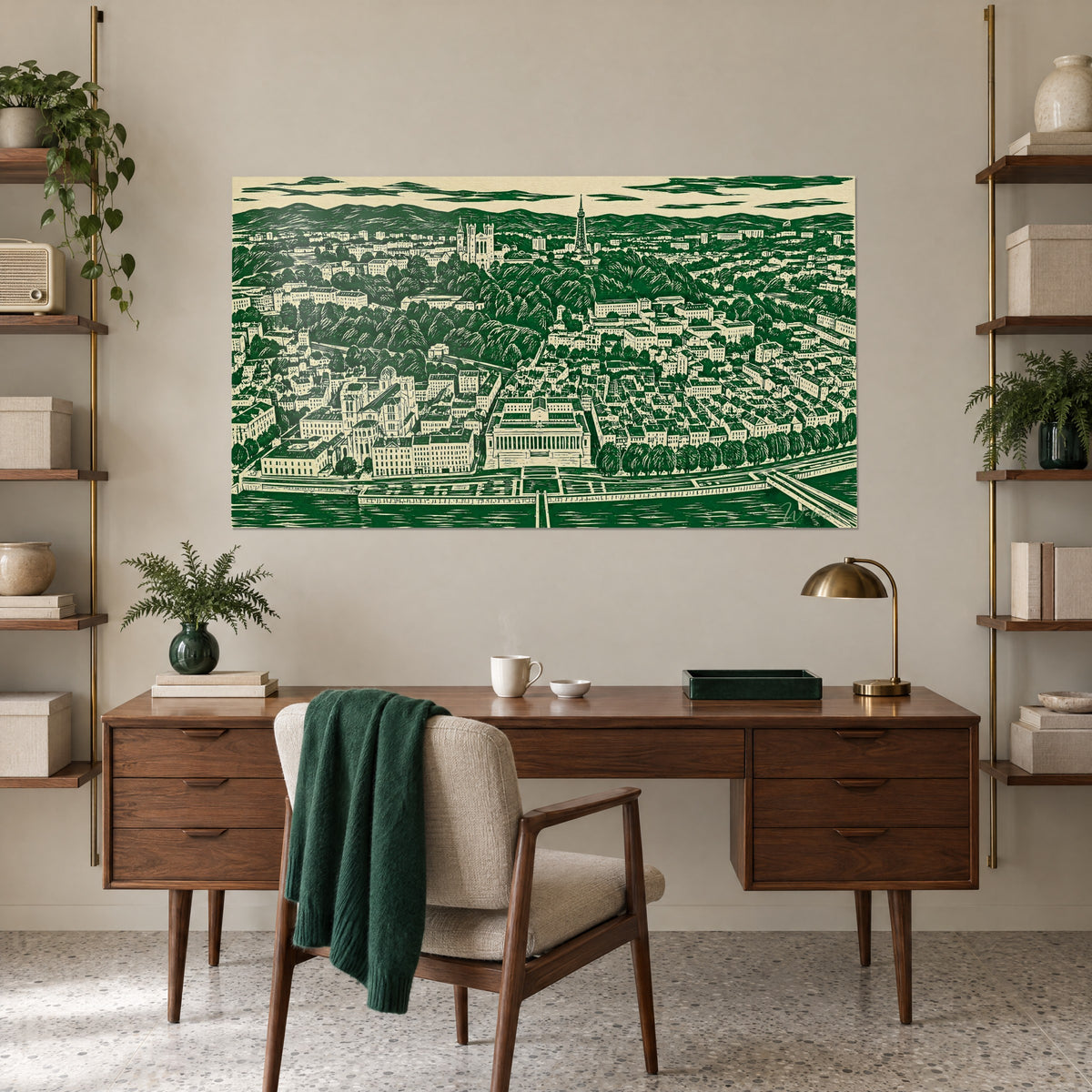 Quadro città con rive bordate da alberi in incisione verde e crema, collina boscosa, scrivania in noce, scaffali e lampada in ottone