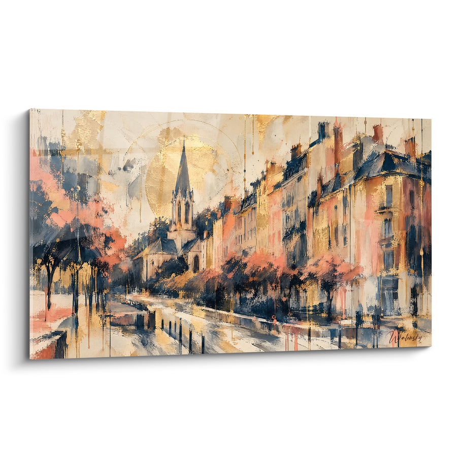 Painting Avenue Lyonnaise in Gold and Coral with a Belfry - Evening Stroll - Lyon Edition Auvergne-Rhône-Alpes France
