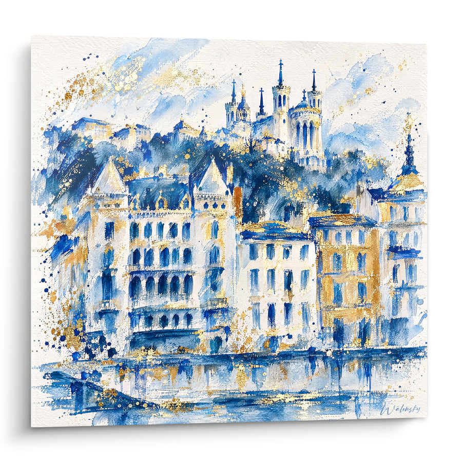 Painting Basilica and Golden Blue Facades of Lyon - Watch Over the Hill - Edition Lyon Auvergne-Rhône-Alpes France