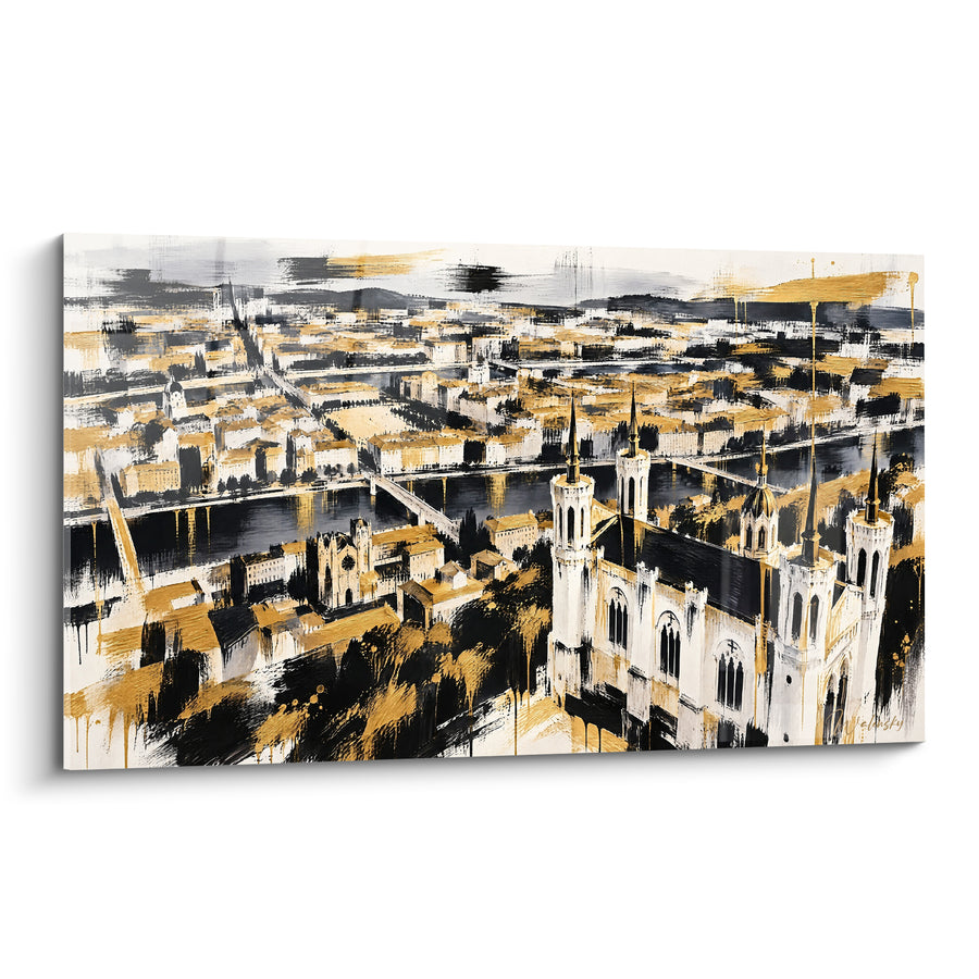 Painting Basilique Fourvière Gilded and Black on Lyon - Golden Urban Panorama - Edition Lyon Auvergne-Rhône-Alpes France