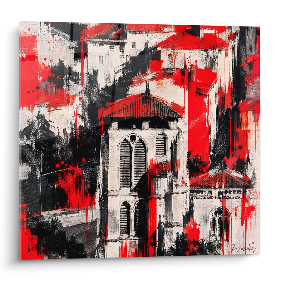 Cathedral Painting with Red and Black Roofs - Urban Chaos - Lyon Edition, Auvergne-Rhône-Alpes, France